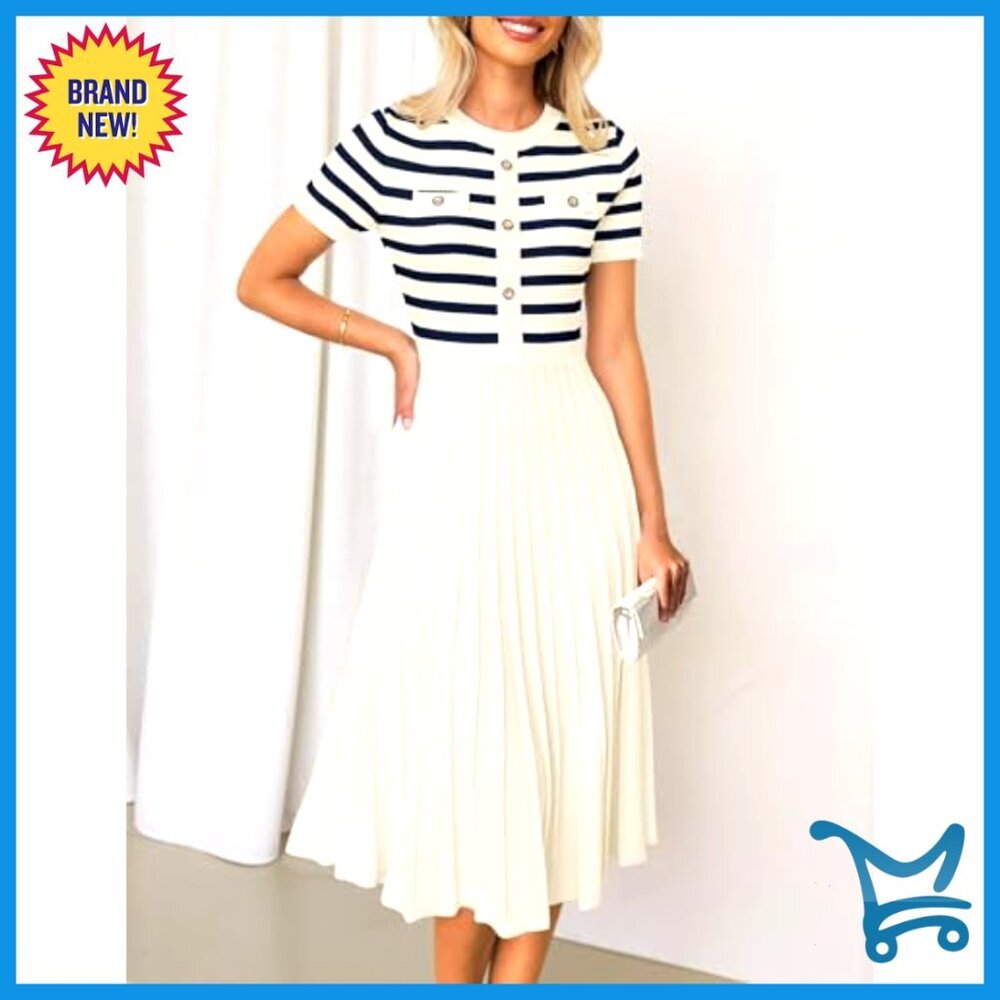 Casual Midi Dress Crewneck Short Sleeve Button Ribbed Knit Swing Pleated A-Line - Picture 2 of 7